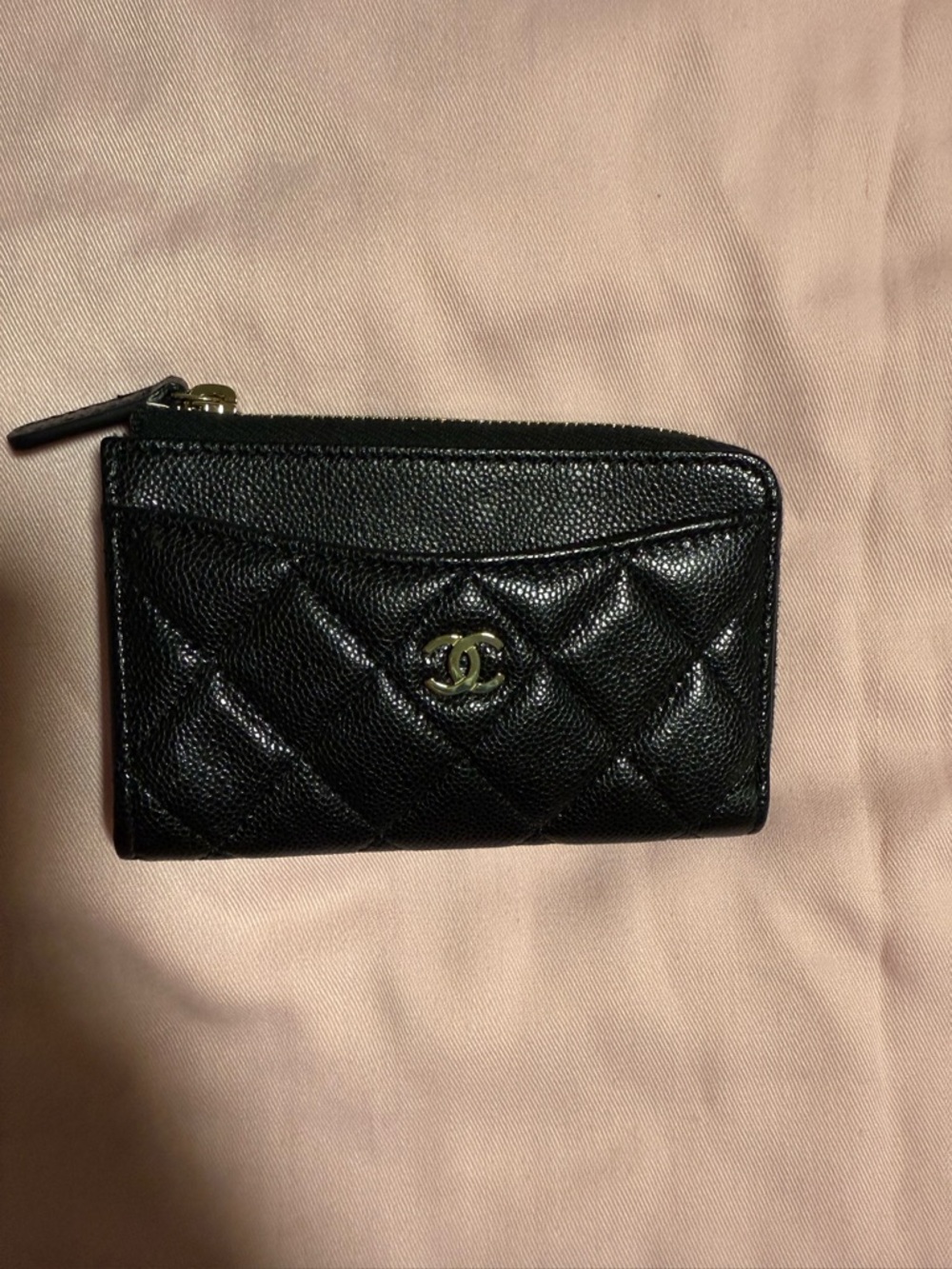 CHANEL Black Quilted CC Logo Zip Card Wallet